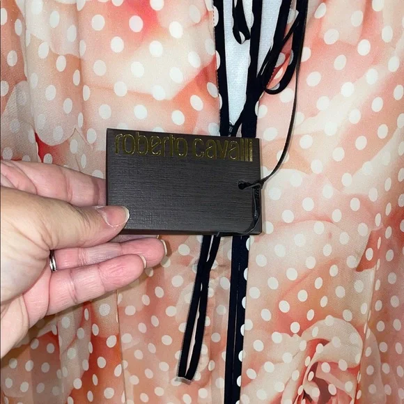 Roberto Cavalli silk Peach Polka Dot ,and rose print Sheer Tunic with Black Trim - Picture 4 of 10